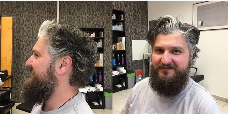 Pánský střih i úprava vousů se skleničkou whiskey v barber shopu