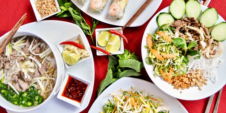 Vietnamské menu pro 2 osoby: vegetariánské speciality, phở bo i nudlová jídla