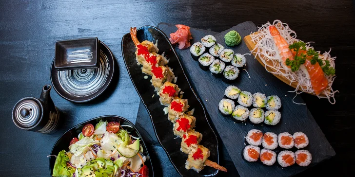 16–46 ks sushi v menu i se saláty, miso polévkami a gyoza taštičkami
