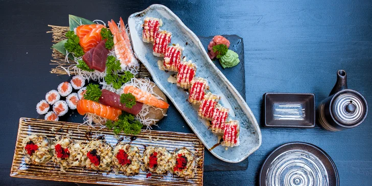 16–46 ks sushi v menu i se saláty, miso polévkami a gyoza taštičkami