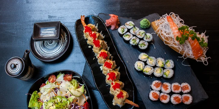 16–46 ks sushi v menu i se saláty, miso polévkami a gyoza taštičkami
