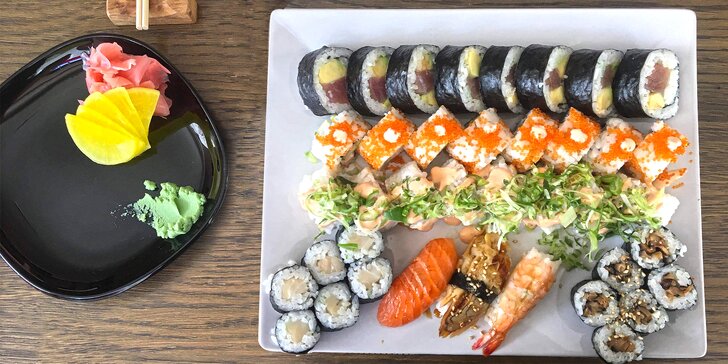Malý či velký sushi set: rolky s máslovou rybou a tuňákem, okurkou i avokádem