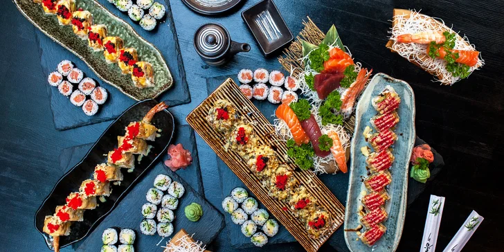 16–46 ks sushi v menu i se saláty, miso polévkami a gyoza taštičkami