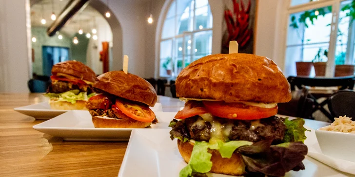 Burger podle výběru z 8 druhů, bramborové lupínky, dip, salát i předkrm