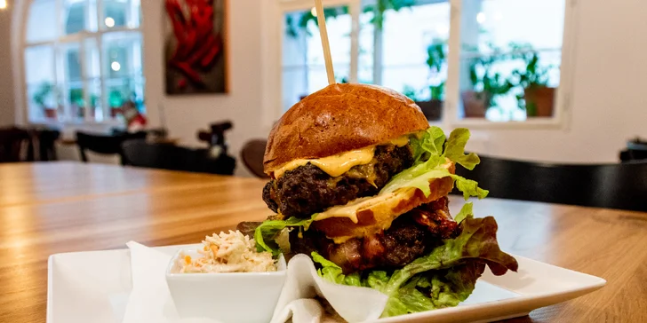 Burger podle výběru z 8 druhů, bramborové lupínky, dip, salát i předkrm