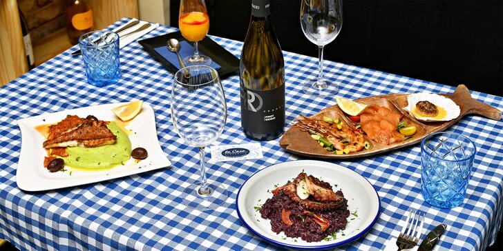 Italské degustační menu o 4 chodech i s lahví vína: variace předkrmů, rizoto i filet z ropušnice
