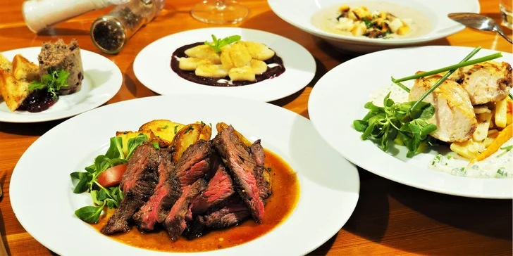 4chodové menu pro 1 nebo 2 osoby: houbový krém, hanger steak i tvarohové knedlíčky