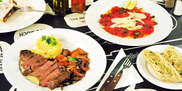 Menu pro 2 v restauraci DNO: 3 chody s carpacciem, steakem a jablečným závinem