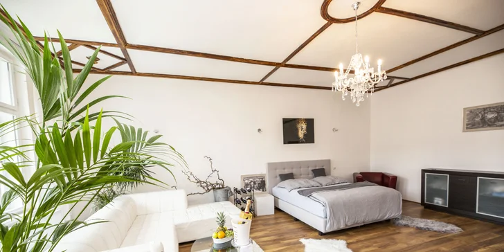 Romantika v centru Liberce: apartmán s výhledem na radnici, 4chodové menu a víno