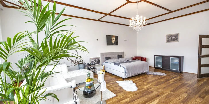Romantika v centru Liberce: apartmán s výhledem na radnici, 4chodové menu a víno
