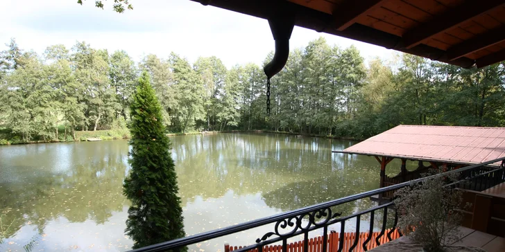 Tříchodové menu v restauraci na břehu rybníka: paštika, jelení kýta a palačinky