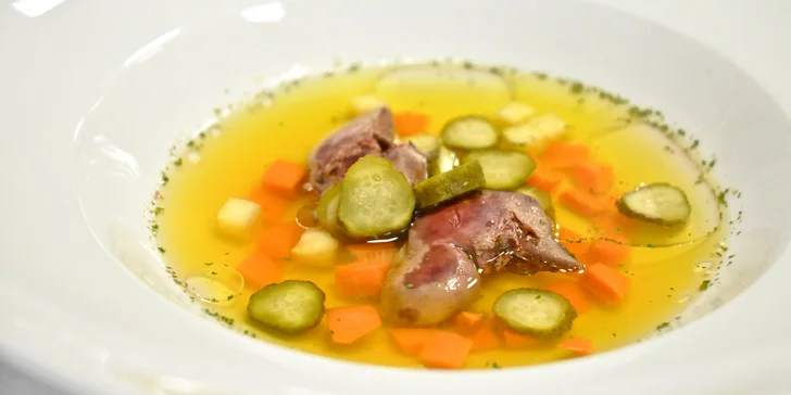 4chodové husí menu pro 2 osoby: terinka, vývar, pečené stehno a dezert