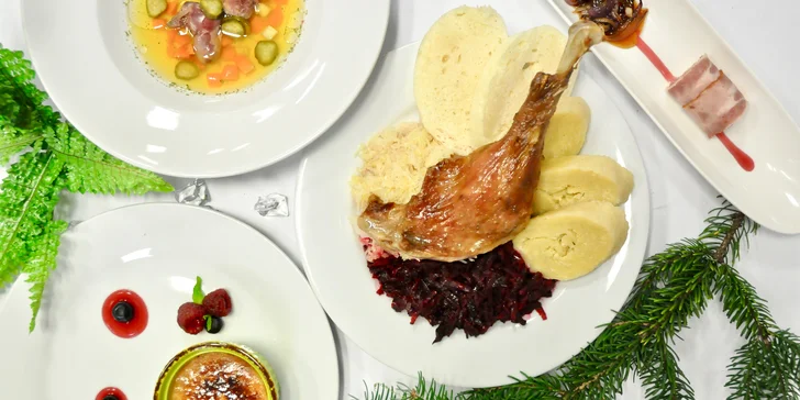 4chodové husí menu pro 2 osoby: terinka, vývar, pečené stehno a dezert