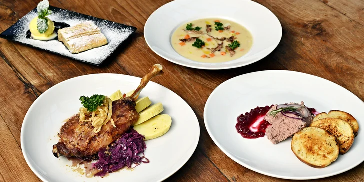 4chodové kachní menu pro dva: paštika, kachní stehno i štrúdl