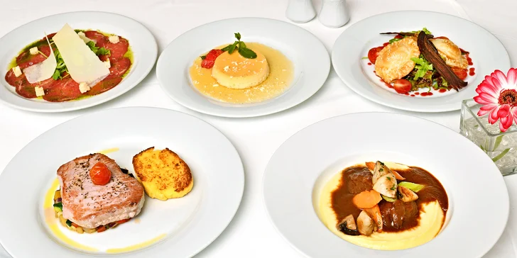 Menu pro dva U Tří Pštrosů: telecí líčka či steak z tuňáka, předkrm i dezert