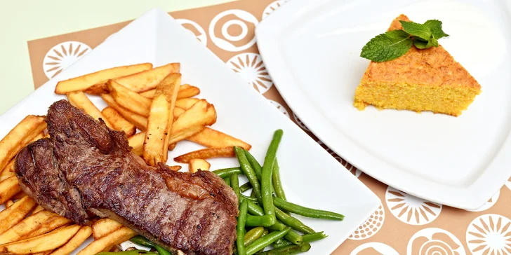 Steak z amerického býčka, příloha dle výběru, salát a dezert