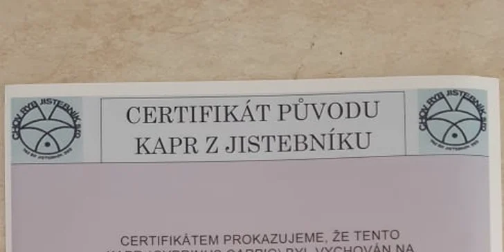 Vánoční prodej kaprů: hmotnost 2-2,5 kg, vykuchaný i stažený z kůže