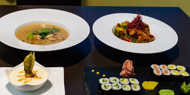 Chutě Japonska: sety s 16 a 42 ks sushi, polévkami, salátem a kuřecím teriyaki