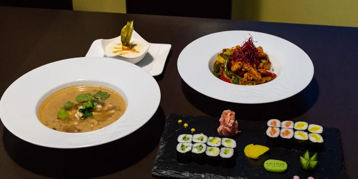 Chutě Japonska: sety s 16 a 42 ks sushi, polévkami, salátem a kuřecím teriyaki