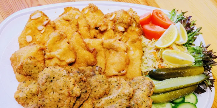 600 g nebo 1,2 kg řízků ze tří druhů masa ve třech typech trojobalu