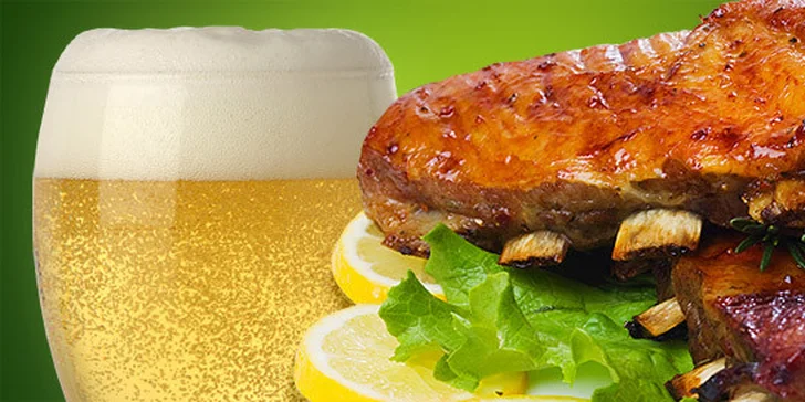 222 Kč za marinovaná vepřová žebra a piva pro DVA. Dobrota pečená na grilu (1,6 kg), pečivo a variace omáček se slevou 57 %.