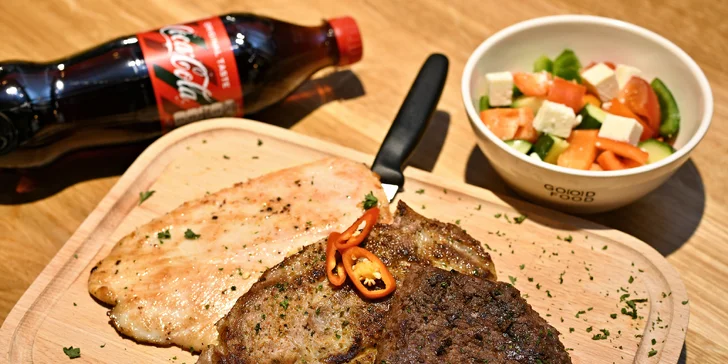 Hovězí roštěná, kuřecí a vepřový steak, příloha, salát a nápoj podle výběru