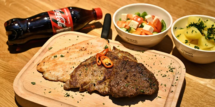 Hovězí roštěná, kuřecí a vepřový steak, příloha, salát a nápoj podle výběru