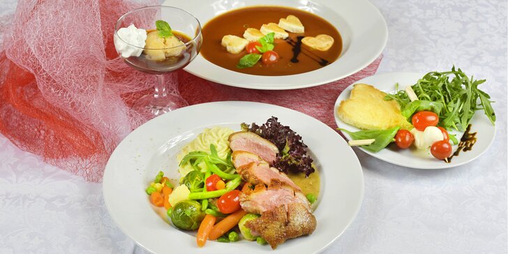 4chodové valentýnské menu pro pár: tomatová polévka, kachní prso i sorbet