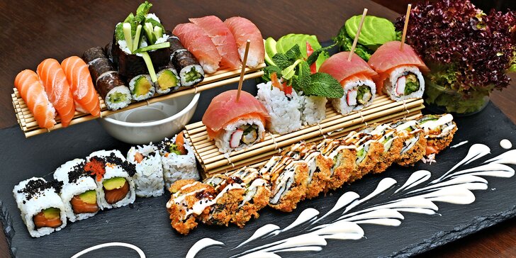 Sushi menu na Novém Městě: 24–57 rolek, saláty, závitky i kuřecí špízy