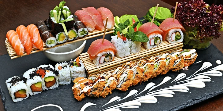 Sushi menu na Novém Městě: 24–57 rolek, saláty, závitky i kuřecí špízy