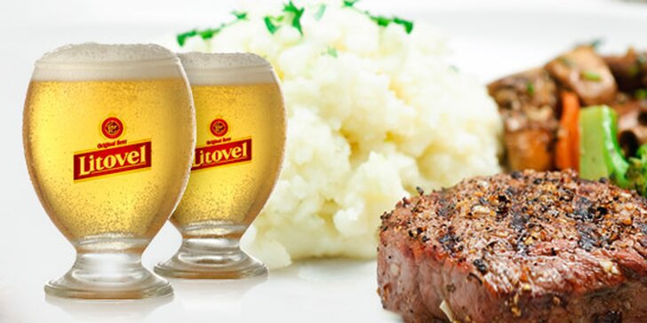 173 Kč za DVA skvělé farmářské steaky s opékánými nebo šťouchanými bramborami a DVĚ piva Litovel  se slevou 50 %!