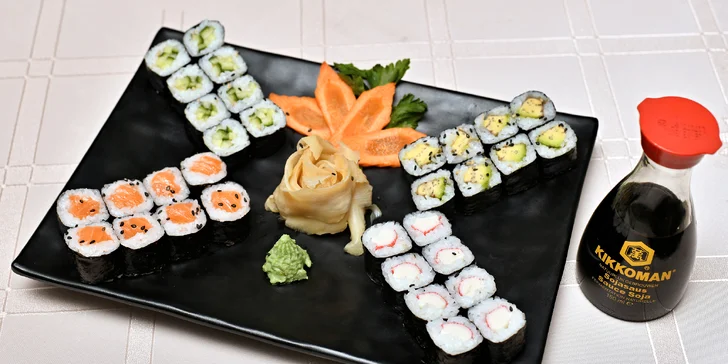 24, 32, 40 či 44 ks sushi s rybami a zeleninou i polévky a krevetové placičky