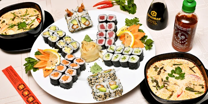 24, 32, 40 či 44 ks sushi s rybami a zeleninou i polévky a krevetové placičky