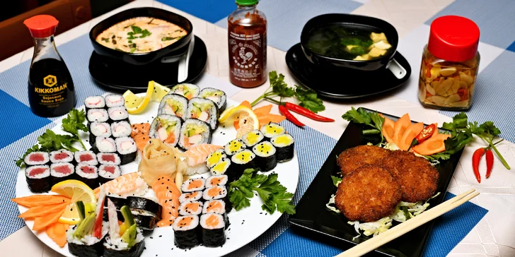 24, 32, 40 či 44 ks sushi s rybami a zeleninou i polévky a krevetové placičky