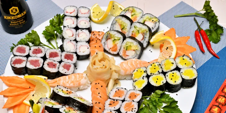24, 32, 40 či 44 ks sushi s rybami a zeleninou i polévky a krevetové placičky