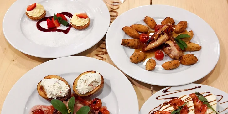 Menu pro dva: salát caprese, kuřecí steak a panenka, linecké košíčky i víno