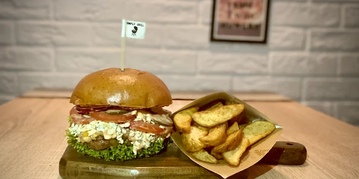 Masový nebo vege burger, americké brambory, dip a 20% sleva na nápoje pro 1 i 2 osoby