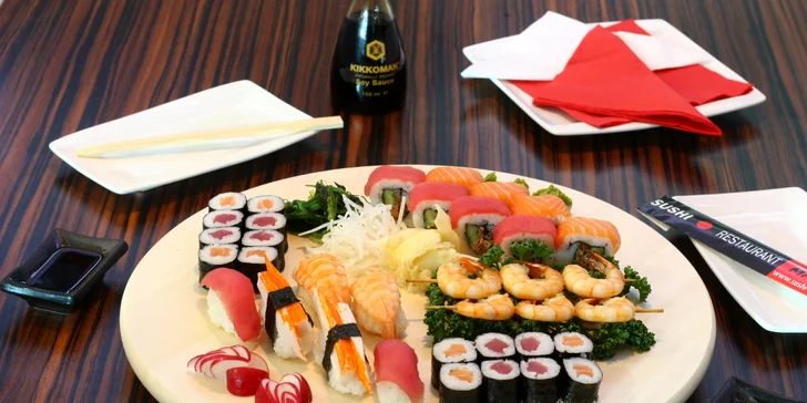 Sushi sety s 21–70 kousky: nigiri, maki i roll s krevetami, lososem či tuňákem
