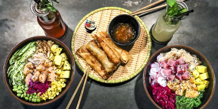Havajský hit: poke bowl menu s lososem i krevetami, 2 předkrmy a pití pro 1 či 2 os.