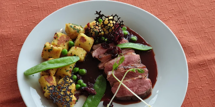 Tříchodové menu pro dva: jarní závitek, kachní prsíčko s domácími noky a panna cotta