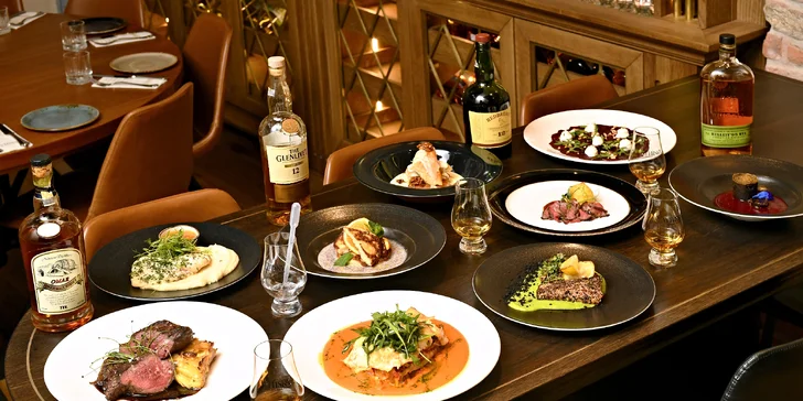 3chodové menu s degustací whiskey pro 2 osoby: losos či flank steak, carpaccio i čokoládová pěna
