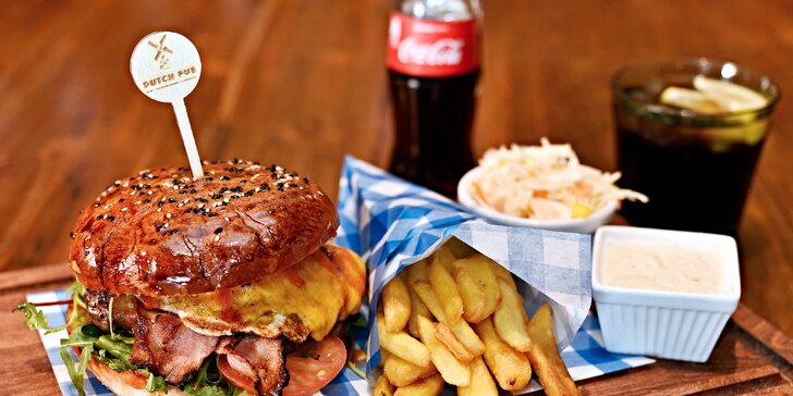 Dobrota domů: hovězí burger dle výběru, hranolky s domácí tatarkou a nápoj