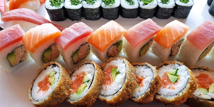 Japonské sushi: set s 28 nebo 60 kousky s lososem, avokádem, tuňákem i krevetami