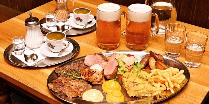 Masové menu pro dva: hovězí flank steak, krkovice, panenka i kuřecí prsa