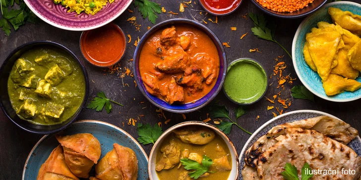 Tříchodové indické menu s sebou v 5 variantách: kuře, vepřové, krevety, paneer