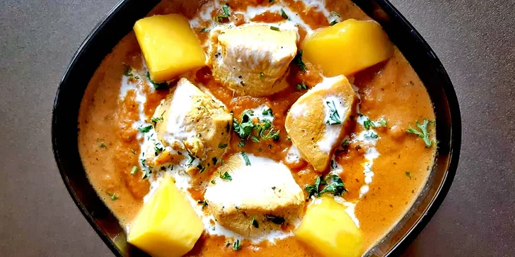 Tříchodové indické menu s sebou v 5 variantách: kuře, vepřové, krevety, paneer