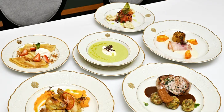 5* degustační menu pro dva v Grandhotelu Bohemia: grilovaná šunka, jarní kuřátko i flambovaná palačinka
