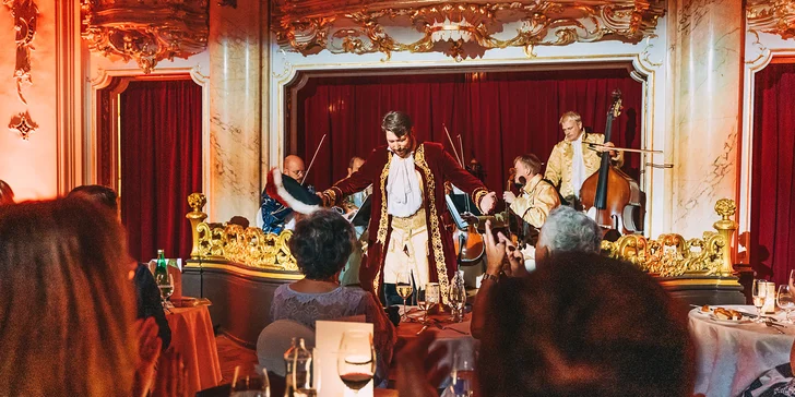 3chodové menu, nápoje a koncert Mozartovy hudby v krásném sále Boccaccio