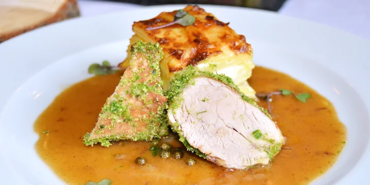 6chodové degustační menu pro 2 osoby: uzený pstruh, panenka i kachní prso