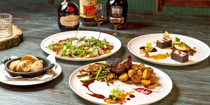 Tříchodové menu s carpacciem a biftekem a degustace rumů pro 2 osoby